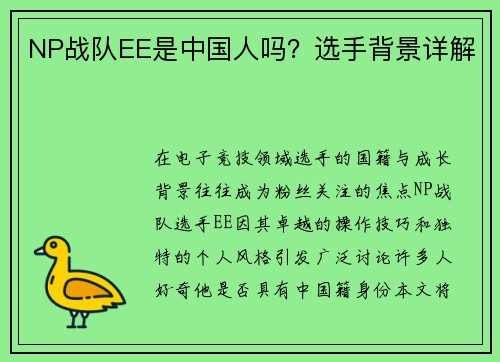 NP战队EE是中国人吗？选手背景详解